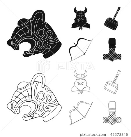 Viking in helmet with horns, mace, bow with arrow, treasure. Vikings set collection icons in black Viking in helmet with horns, mace, bow with arrow, treasure. Vikings set collection icons in black 43378846