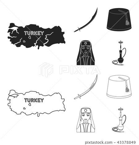Turkish fez, yatogan, turkish, hookah.Turkey set collection icons in black,outline style vector Turkish fez, yatogan, turkish, hookah.Turkey set collection icons in black,outline style vector 43378849