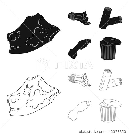 Broken light bulb, used batteries, breaking a plastic bottle, garbage can with a sign.Garbage and Broken light bulb, used batteries, breaking a plastic bottle, garbage can with a sign.Garbage and 43378850