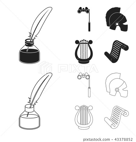 Theatrical binoculars, a helmet, a harp and a paper scroll. The theater set collection icons in Theatrical binoculars, a helmet, a harp and a paper scroll. The theater set collection icons in 43378852