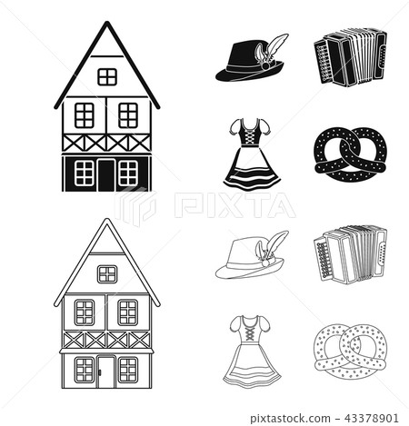 Tyrolean hat, accordion, dress, pretzel. Oktoberfest set collection icons in black,outline style 43378901