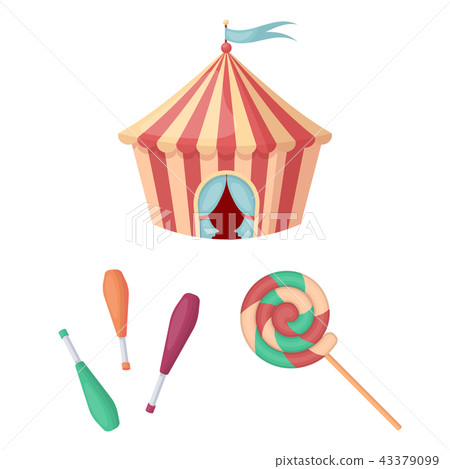 Circus and attributes cartoon icons in set collection for design. Circus Art vector symbol stock web Circus and attributes cartoon icons in set collection for design. Circus Art vector symbol stock web 43379099