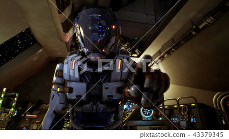 Astronaut of the future presses the keys on sci-fi screen. Realistic motion background. 3D Rendering 43379345