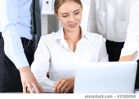 Group of business people using laptop computer in office. Meeting and teamwork concept Group of business people using laptop computer in office. Meeting and teamwork concept 43380090