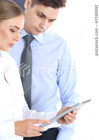 Group of business people using laptop computer while standing in office. Meeting and teamwork Group of business people using laptop computer while standing in office. Meeting and teamwork 43380092
