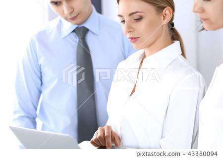 Group of business people using laptop computer while standing in office. Meeting and teamwork Group of business people using laptop computer while standing in office. Meeting and teamwork 43380094