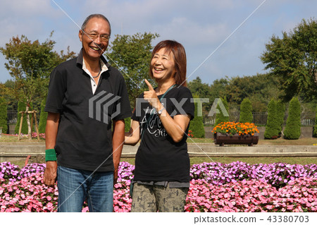 Senior couple laughing at flower field Senior couple laughing at flower field 43380703