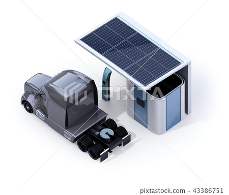 Image of a truck filled with hydrogen gas at a hydrogen station equipped with solar panels on a white background. Image of a truck filled with hydrogen gas at a hydrogen station equipped with solar panels on a white background. 43386751