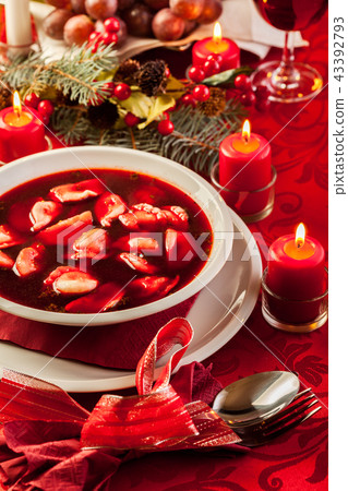 Christmas red borscht with meat filled dumplings 43392793