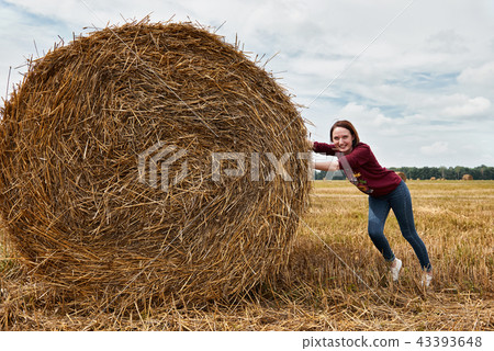 young girl having fun in field with haystack young girl having fun in field with haystack 43393648