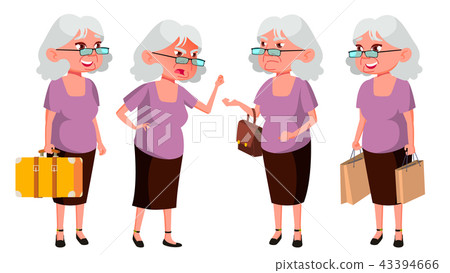 Old Woman Poses Set Vector. Elderly People. Senior Person. Aged. Active Grandparent. Joy. Web Old Woman Poses Set Vector. Elderly People. Senior Person. Aged. Active Grandparent. Joy. Web 43394666