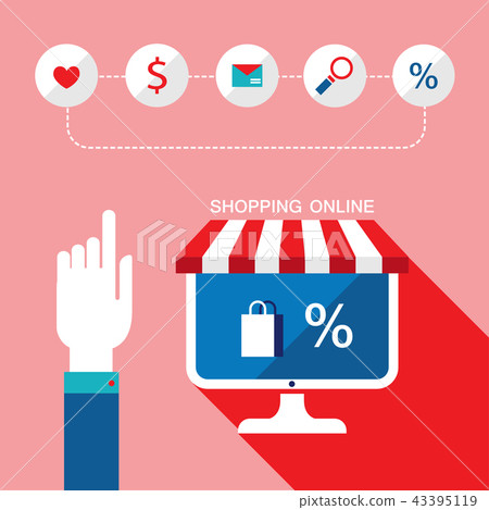 E-commerce concept. Person choosing a shop to buy, sell products E-commerce concept. Person choosing a shop to buy, sell products 43395119