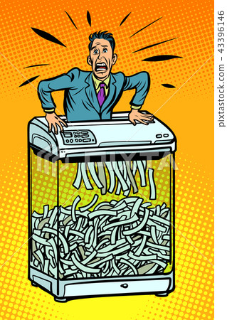 Businessman in paper shredder, office appliance. secret informat Businessman in paper shredder, office appliance. secret informat 43396146