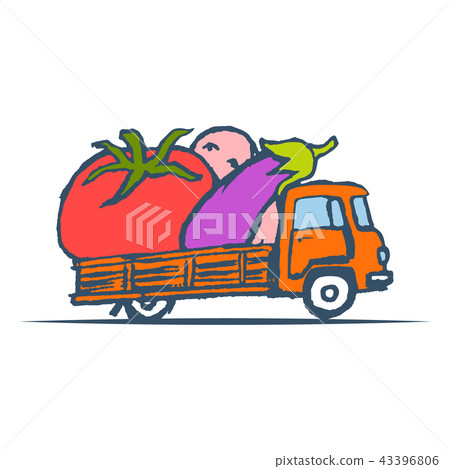 Hand Drawn Truck with Giant Vegetables. Vector 43396806