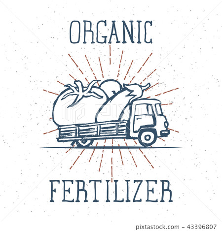 Hand Drawn Truck with Giant Vegetables with Organic Fertilizer Lettering. Vector 43396807
