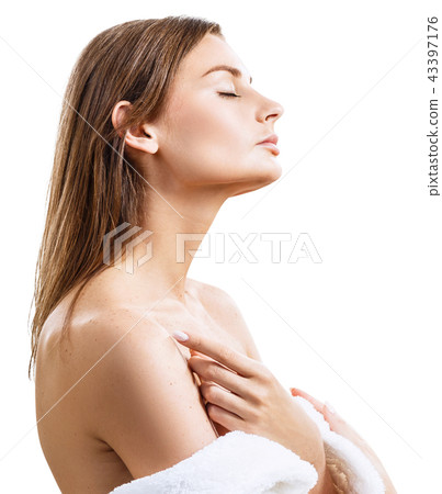 Young sensual woman in white bathrobe. Young sensual woman in white bathrobe. 43397176