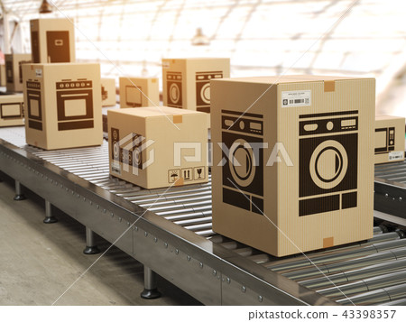 Appliance in cardboard boxes on conveyor line 43398357