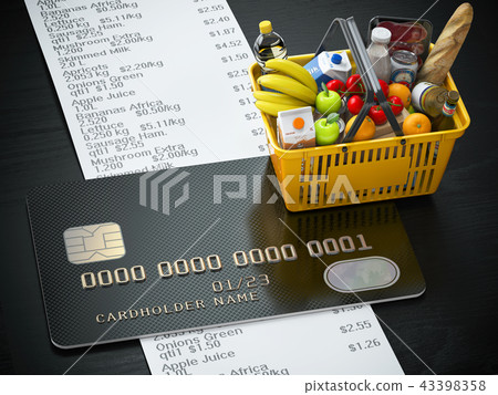 Shopping basket with food, cerdit card and receipt Shopping basket with food, cerdit card and receipt 43398358