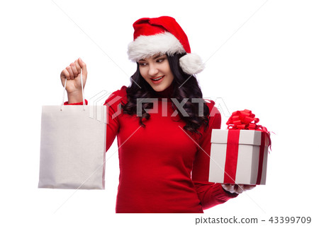 woman holding gift box and shopping bag,isolated woman holding gift box and shopping bag,isolated 43399709