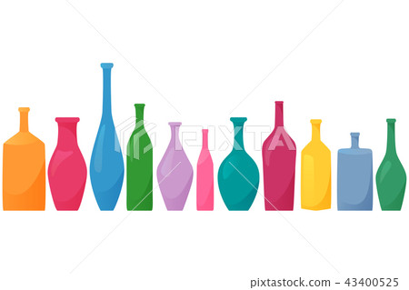 Bright colored bottles in a row, different types Bright colored bottles in a row, different types 43400525