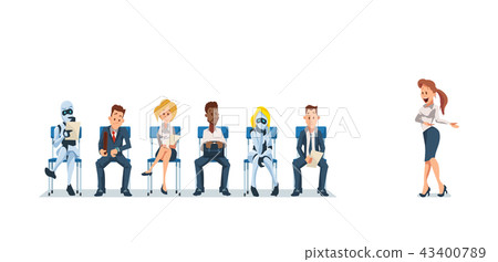 Job Interview Recruiting and Robots. Vector. 43400789