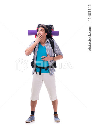 Backpacker with large backpack isolated on white 43405543