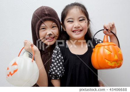 Portrait Asian girl with funny monster face  43406688