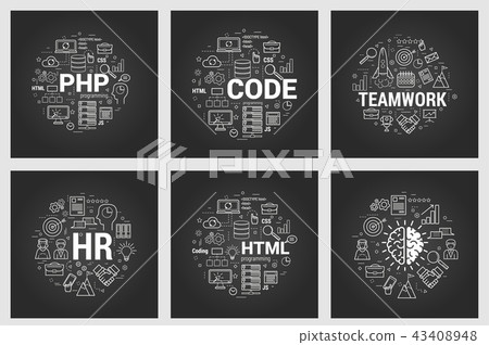 Html and teamwork - six square black concepts Html and teamwork - six square black concepts 43408948