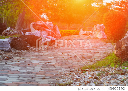 Stone block walkway path in the park and light  43409192