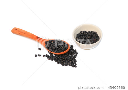 black beans with wooden spoon and in cup on white black beans with wooden spoon and in cup on white 43409660