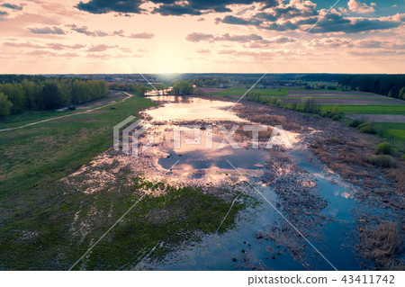 Aerial evening view at countryside and river 43411742