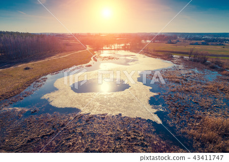 Aerial evening view at countryside and river 43411747