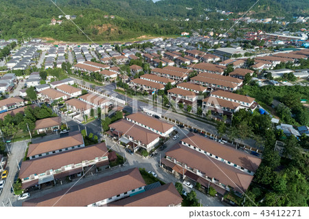 Aerial view drone shot of modern houses village Aerial view drone shot of modern houses village 43412271