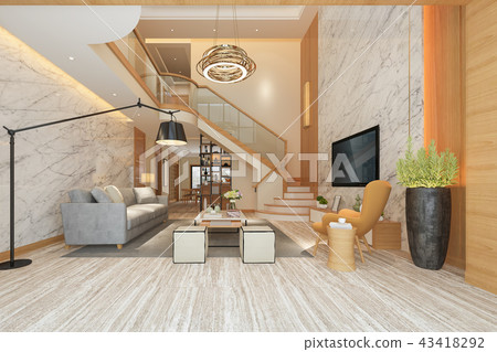 white wood living room near stair  43418292