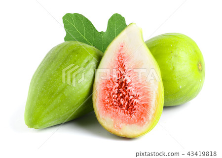 Ripe green fig fruit and half with leaf isolated on white background 43419818