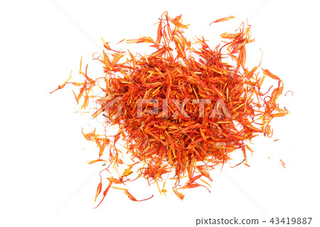 Heap of saffron isolated on white background. Top view. Flat lay Heap of saffron isolated on white background. Top view. Flat lay 43419887