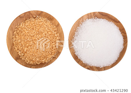 granulated brown and white sugar in wooden bowl isolated on white background. Top view. Flat lay granulated brown and white sugar in wooden bowl isolated on white background. Top view. Flat lay 43421290