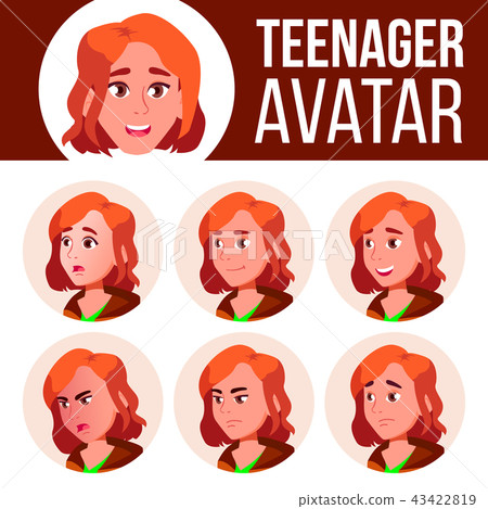 Teen Girl Avatar Set Vector. Face Emotions. Emotional. Leisure, Smile. Cartoon Head Illustration Teen Girl Avatar Set Vector. Face Emotions. Emotional. Leisure, Smile. Cartoon Head Illustration 43422819