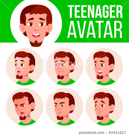 Teen Boy Avatar Set Vector. Face Emotions. Flat, Portrait. Cute, Comic, Web. Cartoon Head 43422821