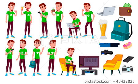 Teen Boy Poses Set Vector. Leisure, Smile. For Web, Brochure, Poster Design. Isolated Cartoon 43422825