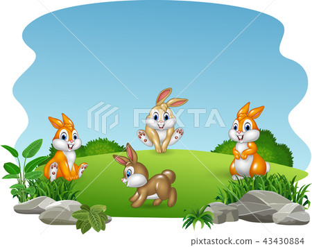 Cartoon happy rabbits collection with nature backg Cartoon happy rabbits collection with nature backg 43430884
