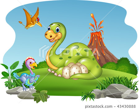 Cartoon dinosaur with her eggs in the jungle 43430888