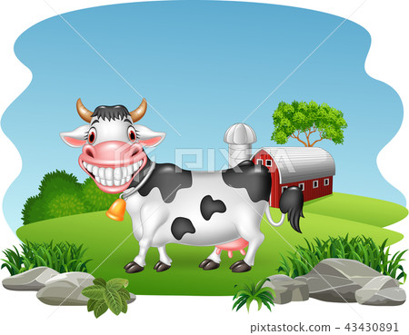 Cartoon happy cow with farm background 43430891