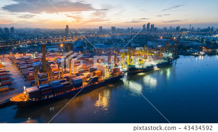 Aerial view container ship from sea port. Aerial view container ship from sea port. 43434592