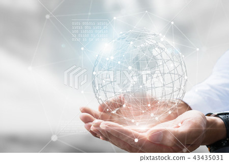 Businessman holding in hand with global concept. Businessman holding in hand with global concept. 43435031