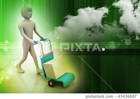 person pushing hand trolley with box person pushing hand trolley with box 43436087