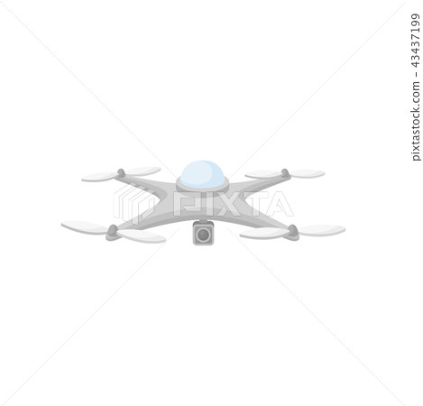 Flat vector icon of drone in flight. Quadcopter with camera and 4 rotor blades. Unmanned aerial 43437199