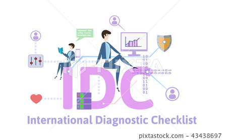 IDC, international diagnostic checklist. Concept table with keywords, letters and icons. Colored IDC, international diagnostic checklist. Concept table with keywords, letters and icons. Colored 43438697