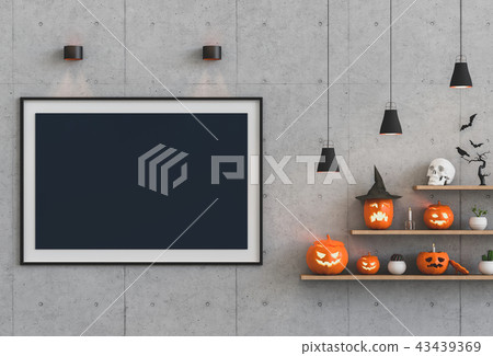 Halloween poster mock up in room and pumpkin Halloween poster mock up in room and pumpkin 43439369