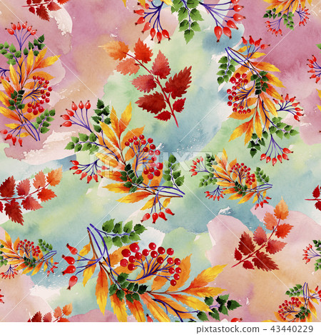 Watercolor autumn ornament of leaves. Leaf plant botanical garden floral foliage. Seamless Watercolor autumn ornament of leaves. Leaf plant botanical garden floral foliage. Seamless 43440229